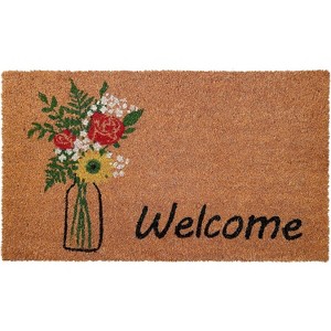HomeRoots 17" X 29" Natural Green and Black Coir Floral Welcome Outdoor Door Mat - 1 of 3