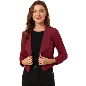 INSPIRE CHIC Women's Regular Fit Notched Lapel Ruched Sleeve Business Crop Blazer - 1 of 4