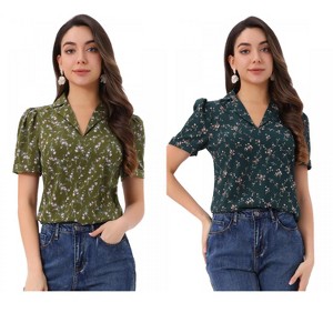 INSPIRE CHIC Women's Short Sleeve Casual V Neck Print Notch Lapel Collar Summer Blouses 2 Packs - 1 of 4