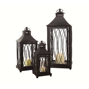 HomeRoots Set of Three Black Geometric Glass And Metal Floor Lantern Candle Holders - 1 of 4