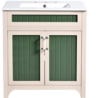 Vynxaria 30'' Bathroom Vanity Cabinet with Ceramic Sink Combo Set, Solid Wood Frame Modern Bathroom Storage Cabinet with Height Adjustable Shelf