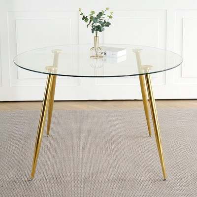 Okak Modern Round Dining Table with Tempered Glass Dining Room Table with Metal Spray Legs for Dining Room, Gold