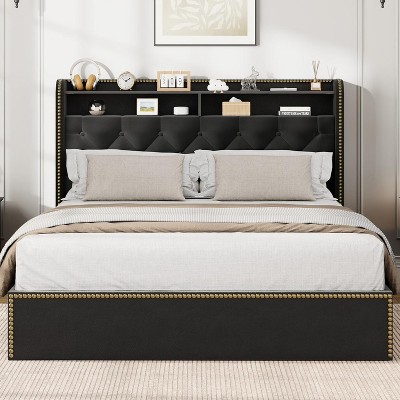 Velvet Bed Frame with 4 Storage Drawers, Upholstered Queen Platform with Tufted Headboard and Nailhead Trim Design