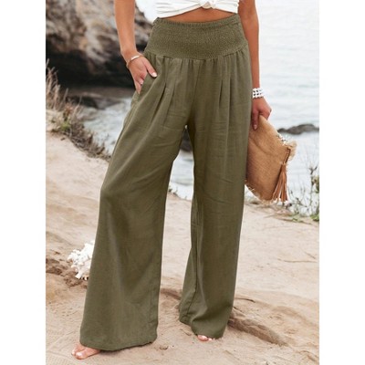 thumbnail image 2 of YOLAI Cotton Linen Palazzo Pants For Women Smocked High Elastic Waist Loose Trousers Comfy Wide Leg Pants With Pockets (Army Green, S) At Women's Clothing Store 2 of 12