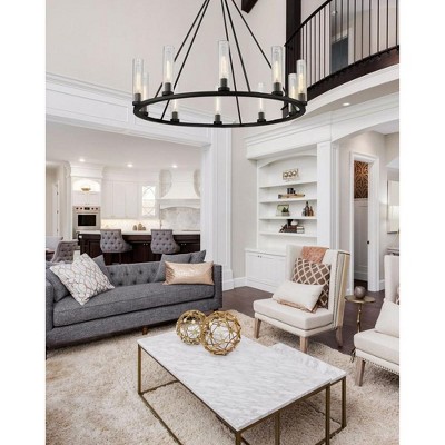 Beau Bronze 10-Light Circular Chandelier with Glass Shades