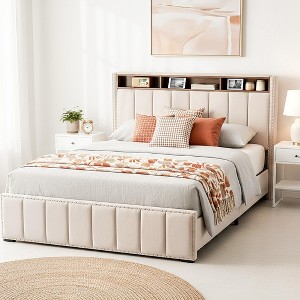 Lyngins Upholstered Queen/Full Bed Frame,Platform Bed Frame with Storage Headboard,RGB LED Lighting & 4 Sliding Drawers,No Box Spring Needed,Beige - 1 of 4