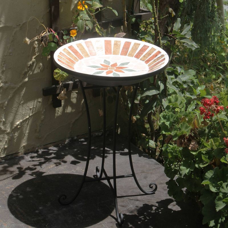 25&#34; Outdoor Decorative Mosaic Birdbath with Metal Stand Tan/Beige - Alpine Corporation, 3 of 5