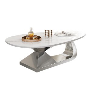 Vynxaria Silver & White Modern Coffee Table - Stylish Centerpiece with Stainless Steel Base - 1 of 4