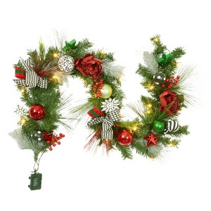 6-foot pre-lit Christmas wreath adorned with pine cones, berries, poinsettias, bows, and spherical ornaments, with 20 warm white lights. - 1 of 4