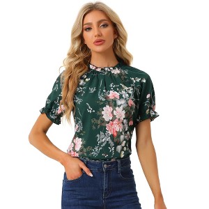 INSPIRE CHIC Women's Ruffled Short Sleeve Floral Mock Neck Summer Top - 1 of 4