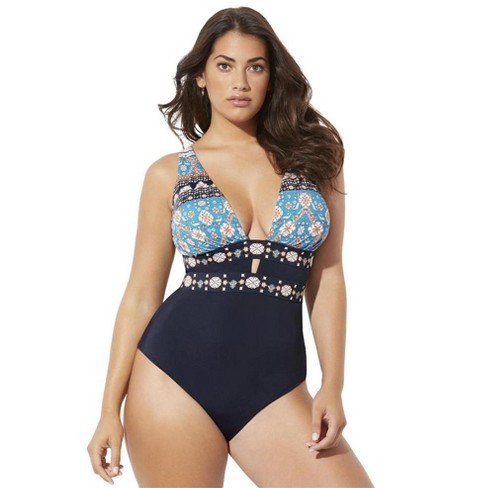 Plus Size Plunge Embroidered One-piece Swimsuit , #AFF, #Plunge