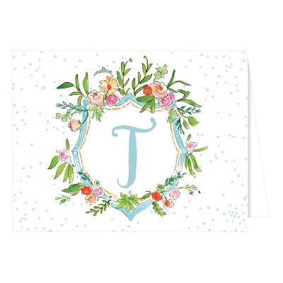 10ct Folded Notes - Vintage Floral Crest Monogram - T