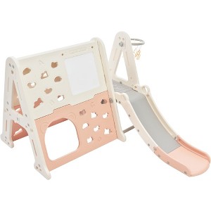 Indoor Kids Slide Set With Basketball Hoop Non-slip Heavy Duty Children Playground Activity Center - 1 of 4