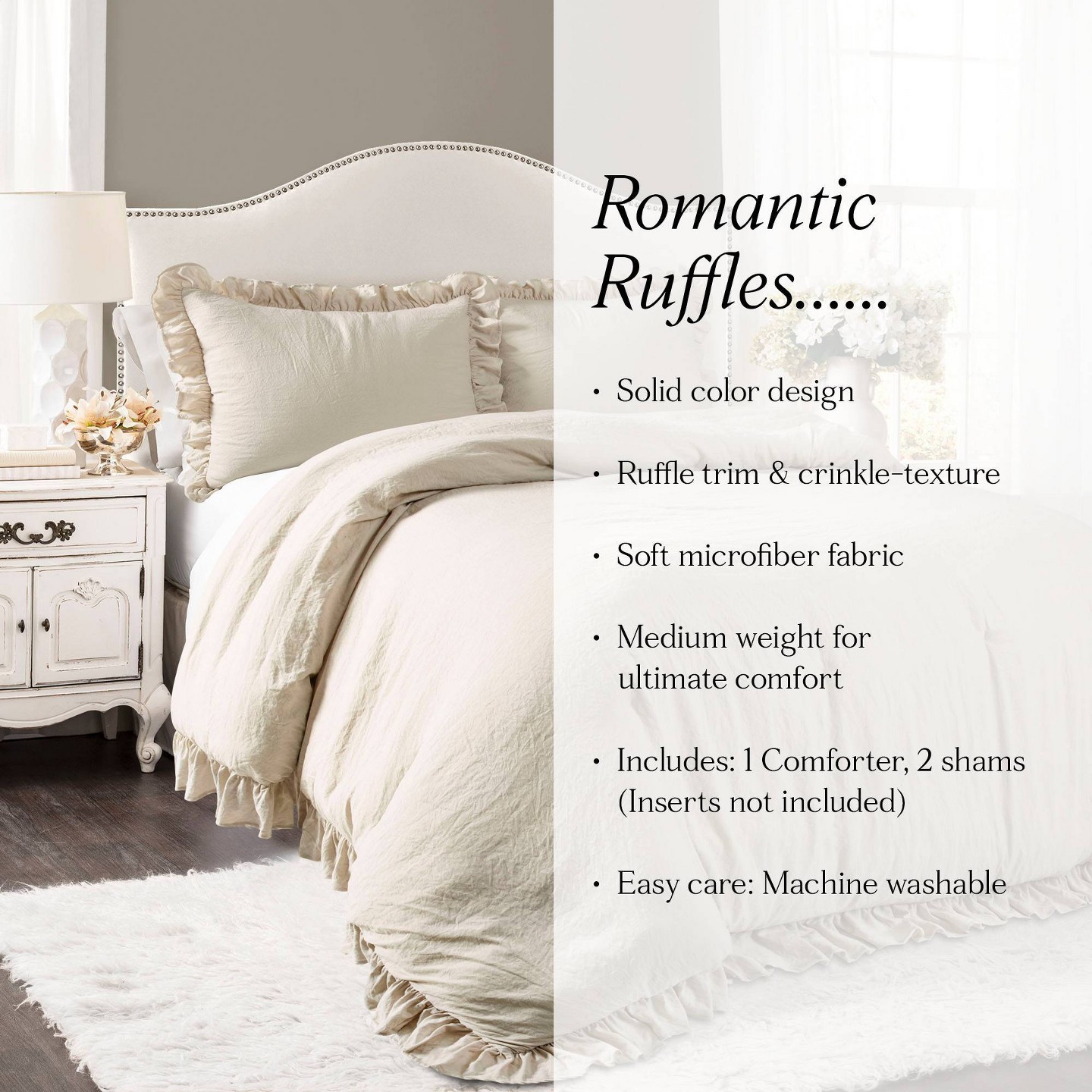 Комплект с одеялом Lush Decor 3pc California King Reyna Comforter Set Wheat: Ruffled Microfiber Bedding, Machine Washable — фото 6