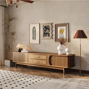 POVISON 70.86" Mid-Century Modern TV Stand with Tambour Doors, Fluted TV Stand, Woven Rattan TV Console with Storage - 1 of 4