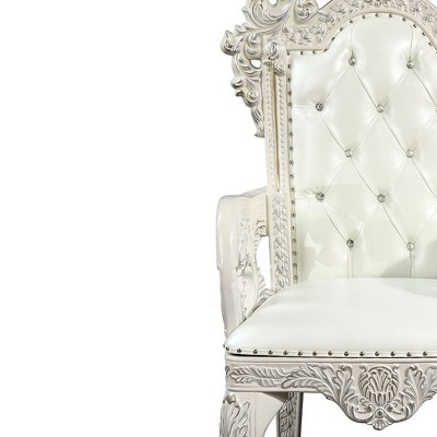 High-Back Tufted White Faux Leather & Wood Armchair Set