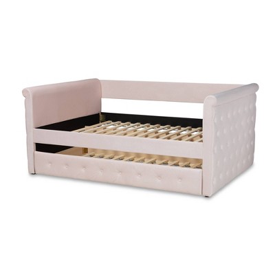Light Pink Velvet Queen Daybed with Trundle and Tufted Upholstery