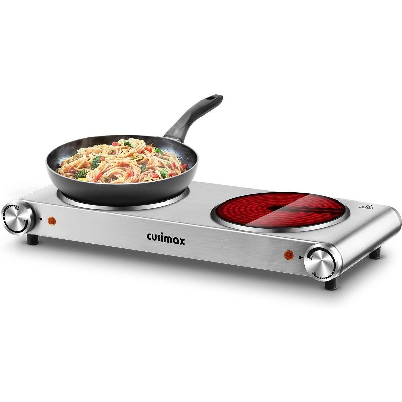 Cusimax 1800W Electric Double Hot Plate, Silver Infrared Stove, 1 of 5