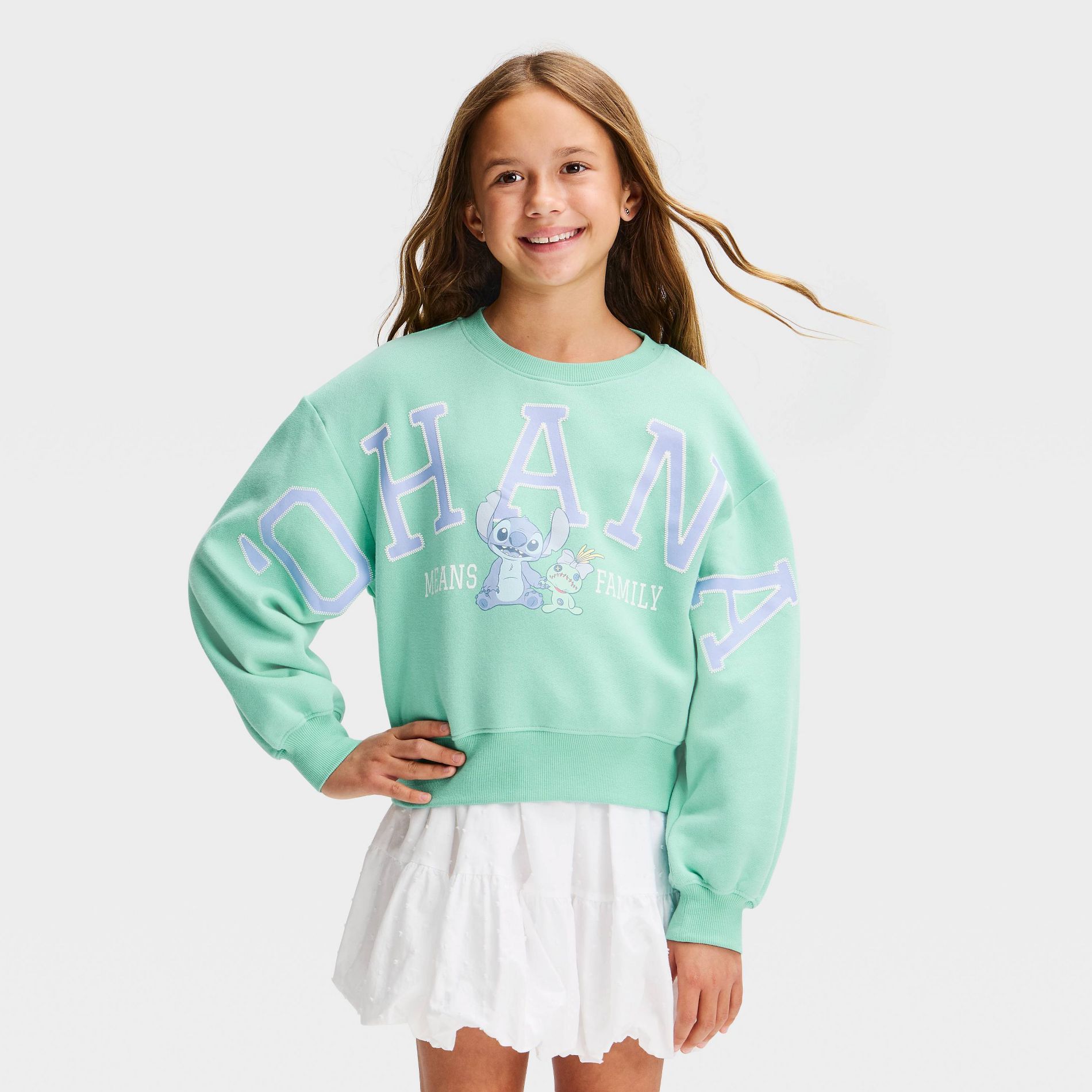 Girls' Disney Stitch "Ohana" Fleece Pullover Sweatshirt - Teal Green