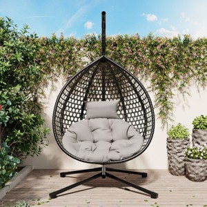 Outdoor Rattan Hammock Swing Chair with Gray Cushion,Wicker Hanging Egg Chair with Stand for Balcony Garden,Indoor Bedroom Egg Chair-Coolbibila - 1 of 4