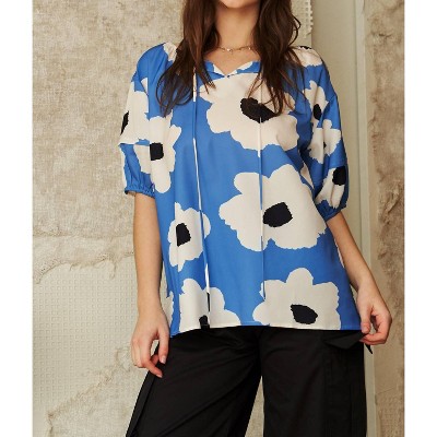 Women's Floral Tie Front Puff Short Sleeve Blouse - DAVI & DANI
