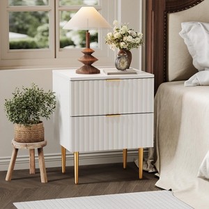 Modern Fluted Nightstand with Charging Station (USB Ports + Outlets) & 2 Drawers - Gold & Wood Bedside/Small Side Table for Bedroom, Apartment - 1 of 4