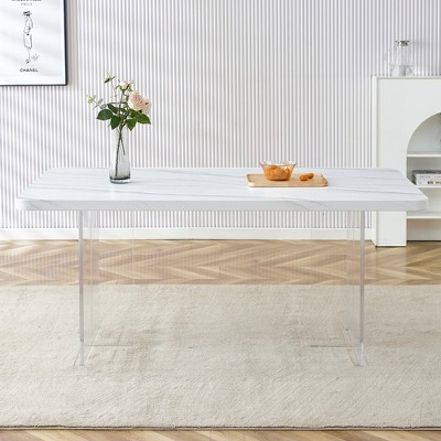 FURNIinspire Dining Tables Modern Minimalist Dining Table, Dining Table With White Tabletop And Acrylic Table Legs, White, 67"*35"*30"