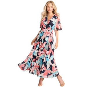 Roaman's Women's Plus Size Pleated Faux Wrap Dress - 1 of 2