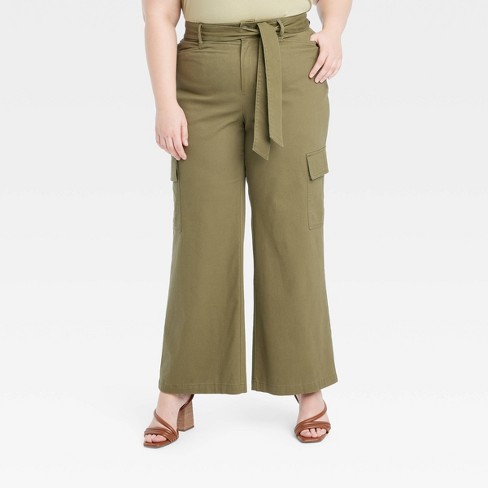 Olive Green Cotton Flax Elasticated High-rise Cargo Pant, Pant