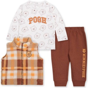 Baby Boys' 3pc Disney Winnie The Pooh Long Sleeve Shirt with Cozy Zip-Up Vest & Bottom Set - Brown - 1 of 1