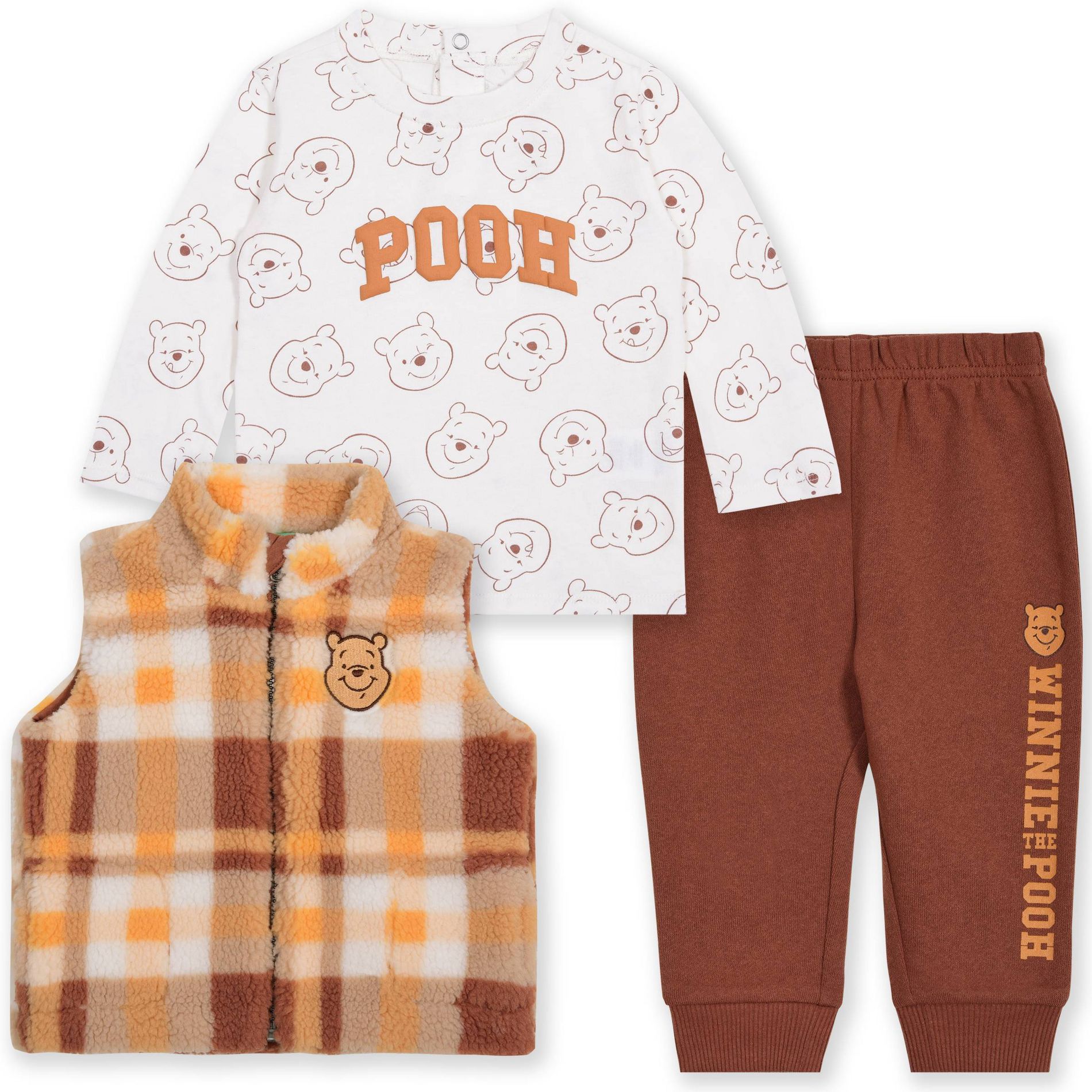 Baby Boys' 3pc Disney Winnie The Pooh Long Sleeve Shirt with Cozy Zip-Up Vest & Bottom Set - Brown