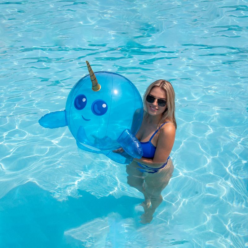 Swim Central 29" Inflatable Blue Narwhal Beach Ball with Tusk, 2 of 5