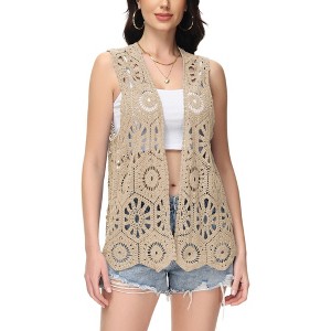 Anna-Kaci Women's Floral Crochet Cardigan Lace Trim Sleeveless Open Front Vest - 1 of 4
