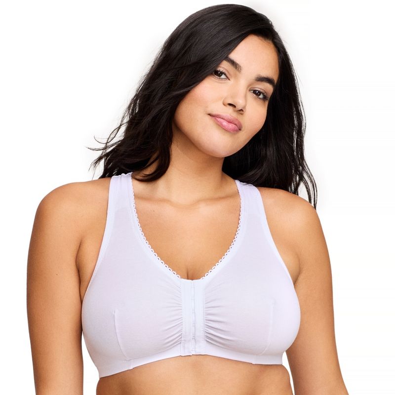 Glamorise Womens Front-Closure Cotton T-Back Comfort Wirefree Bra 1908 White, 1 of 5
