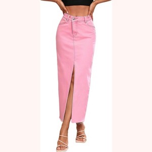 Women's High Waist Maxi Denim Skirt - A-Line Stretch Long Skirt with Front Split & Raw Hem 9010pink - 1 of 4