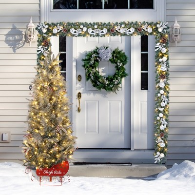 4.5 Ft Snow Flocked Prelit Artificial Christmas Tree, Hinged Full Xmas Tree with Sleigh Base, 200 Led Lights, 12 Red Decorations for Holiday, Party