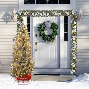 4.5 Ft Snow Flocked Prelit Artificial Christmas Tree, Hinged Full Xmas Tree with Sleigh Base, 200 Led Lights, 12 Red Decorations for Holiday, Party - 1 of 4