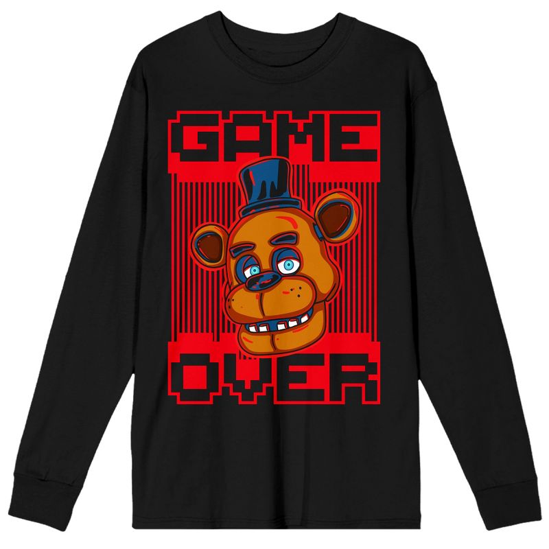 Five Nights At Freddy's Freddy Big Face Game Over Crew Neck Long Sleeve Men's Black Tee, 1 of 4