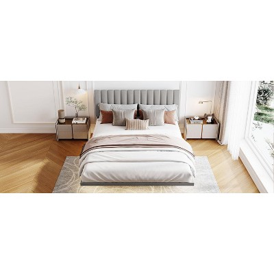 Vynxaria Queen Size Upholstered Velvet Bed with Motion Sensor Light & Floating Design