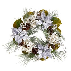 Nearly Natural 24-in Silver Poinsettia, Hydrangea and Pinecones Artificial Christmas Wreath - 1 of 4