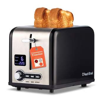 Peach Street 2 Slice Digital Countdown Bread Toaster, Stainless Steel, 6 Browning Levels, Removable Crumb Tray, Defrost, Bagel, Button