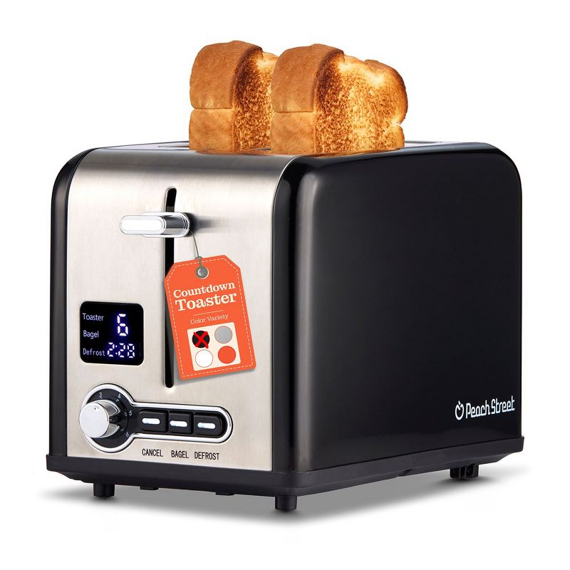 Peach Street 2 Slice Digital Countdown Bread Toaster, Stainless Steel, 6 Browning Levels, Removable Crumb Tray, Defrost, Bagel, Button, 1 of 11