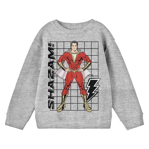 Shazam Character And Grid Crew Neck Long Sleeve Athletic Heather