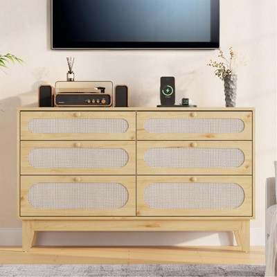 52.1" Rattan Bedroom Dresser, 6 Drawer Wood Dresser - Frame Feet, Charging Station, Large, Medium and Small Drawers