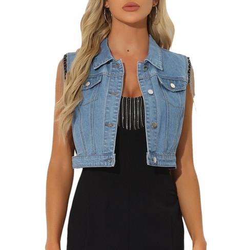 Allegra K Women's Buttoned Cropped Length Tassel Sleeveless Denim