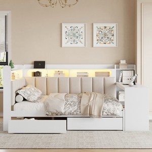 Full Size Daybed with Storage Shelves, Drawers, Charging Station, LED Light, Desk & Upholstered Headboard and Backrest - ModernLuxe - 1 of 4