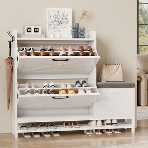 Shoe Cabinet with 2 Flip Drawers, Entryway Cabinet with Shoe Bench & 2 Hooks for Entryway Hallway, Living Room - 1 of 4