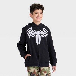 Boys' Marvel Venom Hooded Character Full Zip Sweatshirt - Black - 1 of 4