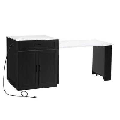 HomeRoots 55" Black And White Wood And Faux Marble Rolling Kitchen Island With Storage