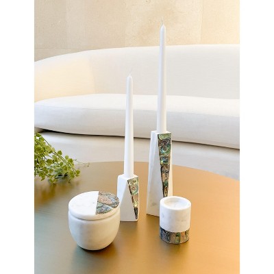 Anaya Iridescent White Marble 8" Tabletop Candlestick Holder